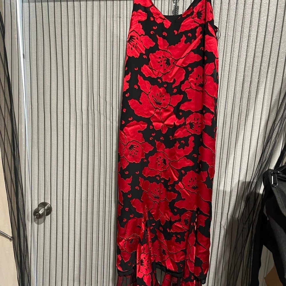 Y2K sexy goth dark romance Red black midi burnt out dress with handkerchief hem
